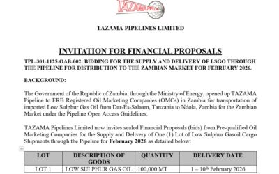 INVITATION FOR FINANCIAL PROPOSALS-BIDDING FOR THE SUPPLY AND DELIVERY OF LSGO THROUGH THE PIPELINE FOR DISTRIBUTION TO THE ZAMBIA MARKET FOR FEBRUARY 2026.