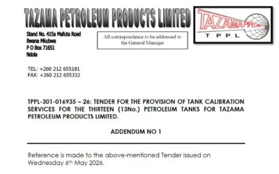 TPPL-301-016935 – 26: TENDER FOR THE PROVISION OF TANK CALIBRATION SERVICES FOR THE THIRTEEN (13No.) PETROLEUM TANKS FOR TAZAMA PETROLEUM PRODUCTS LIMITED.