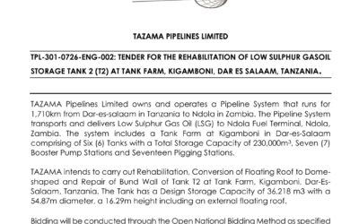 TENDER FOR THE REHABILITATION OF LOW-SULPHUR GAS OIL STORAGE TANK T2 AT TANK FARM, KIGAMBONI, DAR ES SALAAM, TANZANIA
