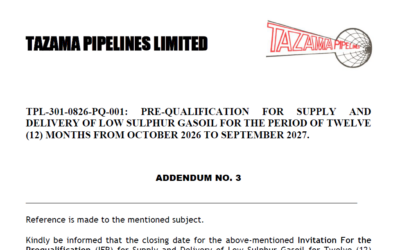 TPL-301-0826-PQ-001: PRE-QUALIFICATION FOR SUPPLY AND DELIVERY OF LOW SULPHUR GASOIL FOR THE PERIOD OF TWELVE (12) MONTHS FROM OCTOBER 2026 TO SEPTEMBER 2027.